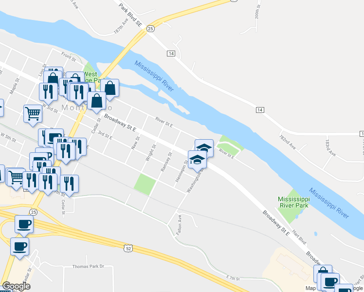 map of restaurants, bars, coffee shops, grocery stores, and more near 613 Broadway Street East in Monticello
