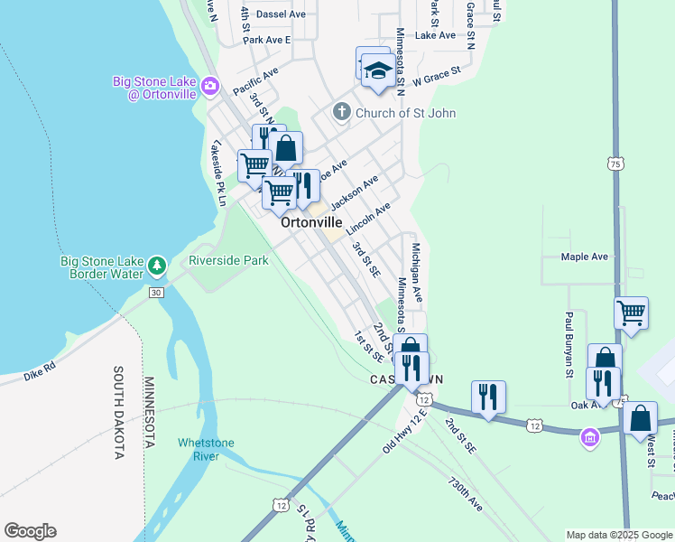 map of restaurants, bars, coffee shops, grocery stores, and more near 109 2nd Street Northwest in Ortonville