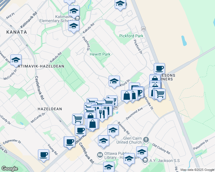 map of restaurants, bars, coffee shops, grocery stores, and more near 1 Lightfoot Place in Ottawa