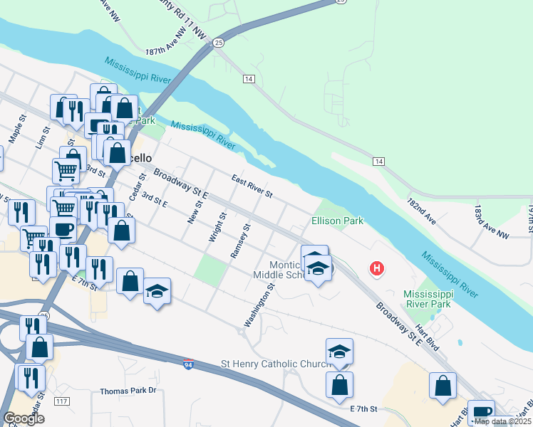 map of restaurants, bars, coffee shops, grocery stores, and more near 613 Broadway Street East in Monticello