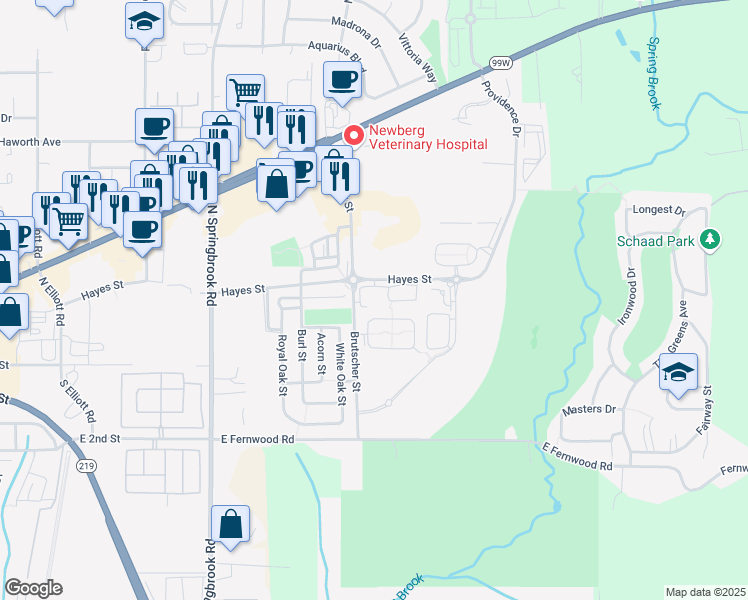 map of restaurants, bars, coffee shops, grocery stores, and more near 3802 Hayes Street in Newberg