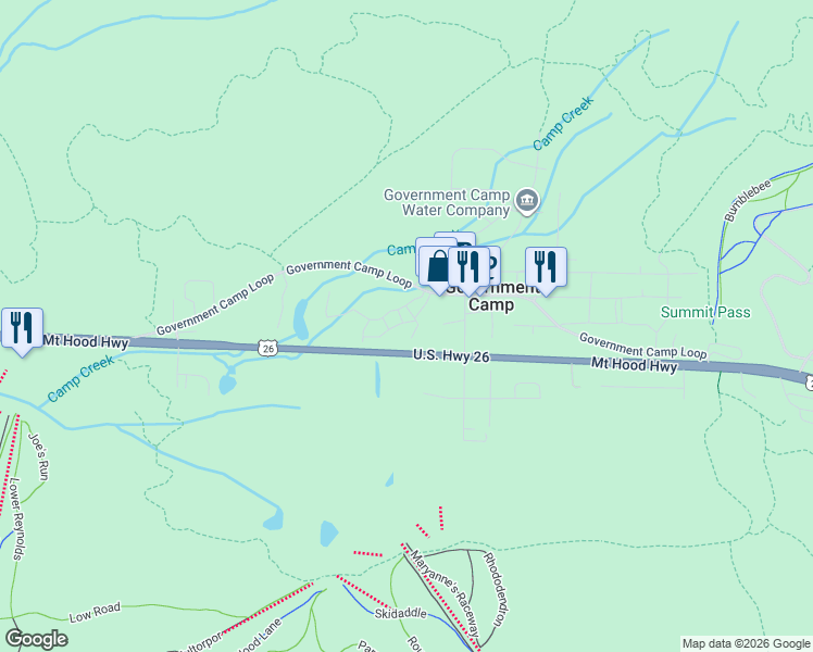 map of restaurants, bars, coffee shops, grocery stores, and more near 30684 East Ski Bowl Way in Government Camp