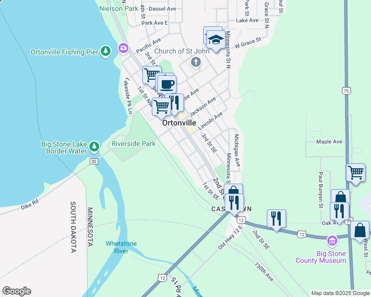 map of restaurants, bars, coffee shops, grocery stores, and more near 109 2nd Street Northwest in Ortonville