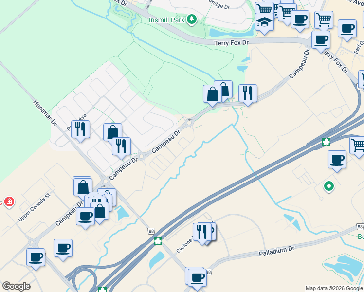 map of restaurants, bars, coffee shops, grocery stores, and more near 1120 Creekway Private in Ottawa