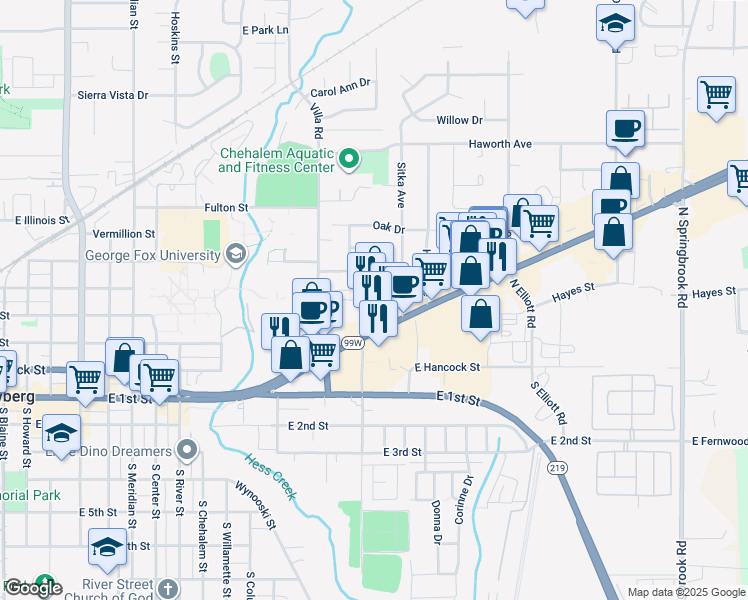 map of restaurants, bars, coffee shops, grocery stores, and more near 2017 Portland Road in Newberg