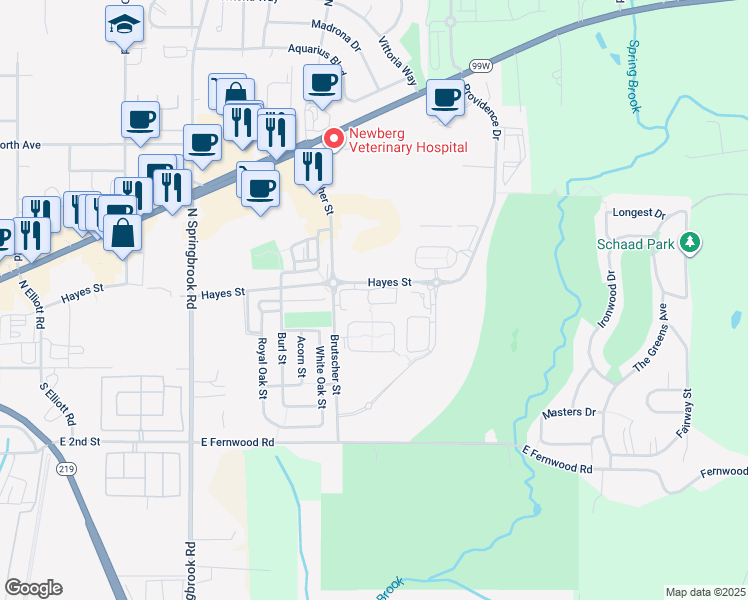 map of restaurants, bars, coffee shops, grocery stores, and more near 3802 Hayes Street in Newberg