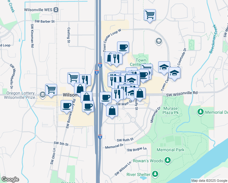 map of restaurants, bars, coffee shops, grocery stores, and more near 8750 Southwest Citizens Drive in Wilsonville