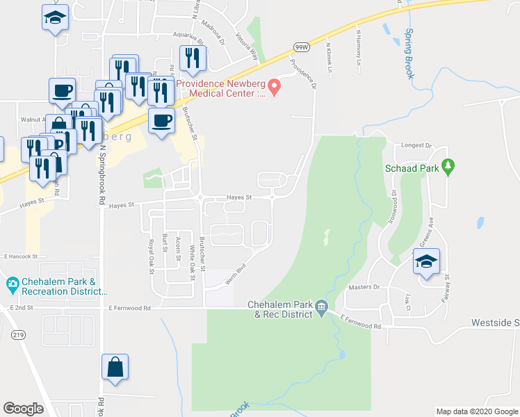 map of restaurants, bars, coffee shops, grocery stores, and more near 441 Werth Boulevard in Newberg