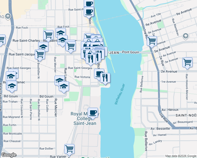 map of restaurants, bars, coffee shops, grocery stores, and more near 75 Rue Richelieu in Saint-Jean-sur-Richelieu
