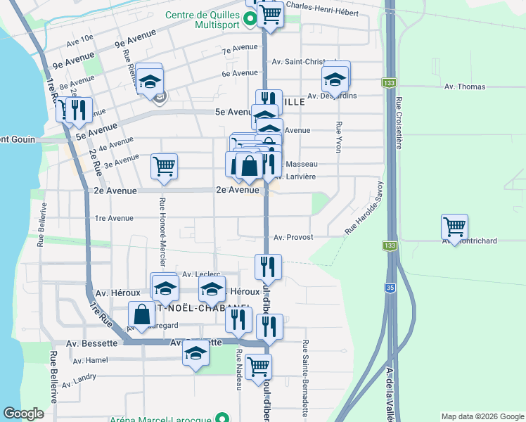 map of restaurants, bars, coffee shops, grocery stores, and more near 835 Boulevard d'Iberville in Saint-Jean-sur-Richelieu