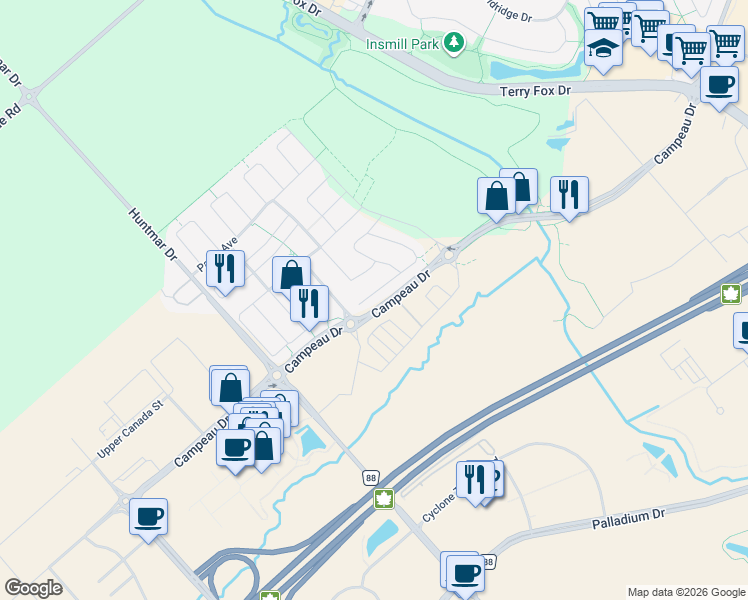 map of restaurants, bars, coffee shops, grocery stores, and more near 1121 Speedvale Court in Ottawa
