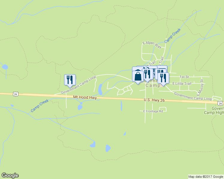map of restaurants, bars, coffee shops, grocery stores, and more near 87828 East Creek Ridge Road in Government Camp