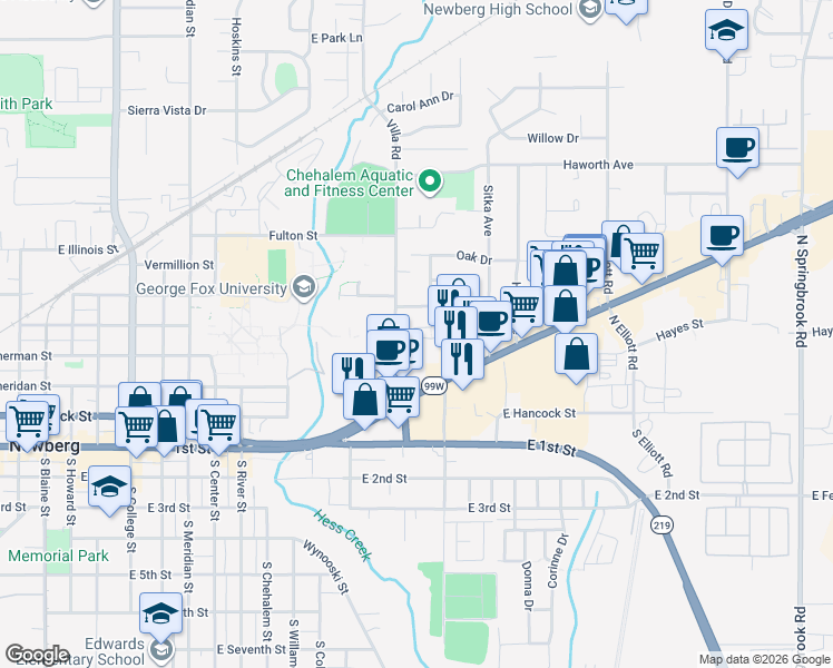 map of restaurants, bars, coffee shops, grocery stores, and more near 502 Villa Road in Newberg