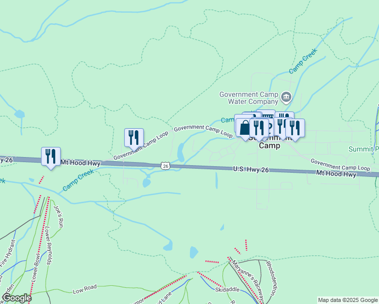 map of restaurants, bars, coffee shops, grocery stores, and more near 87828 East Creek Ridge Road in Government Camp