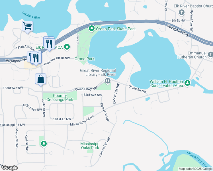 map of restaurants, bars, coffee shops, grocery stores, and more near 13020 Orono Parkway in Elk River