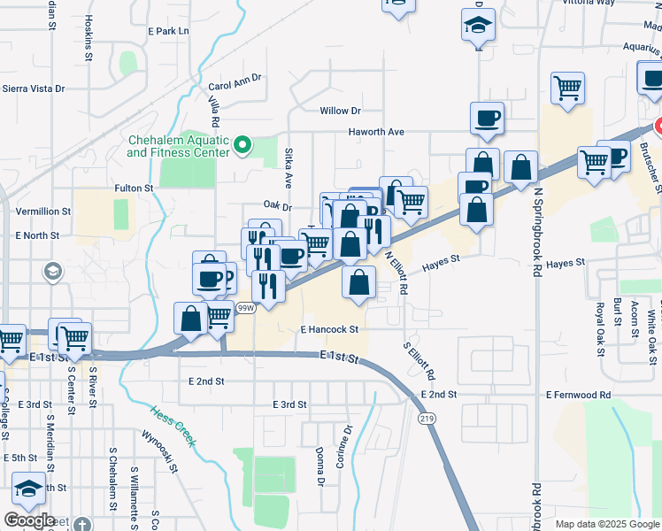 map of restaurants, bars, coffee shops, grocery stores, and more near 2301 East Portland Road in Newberg