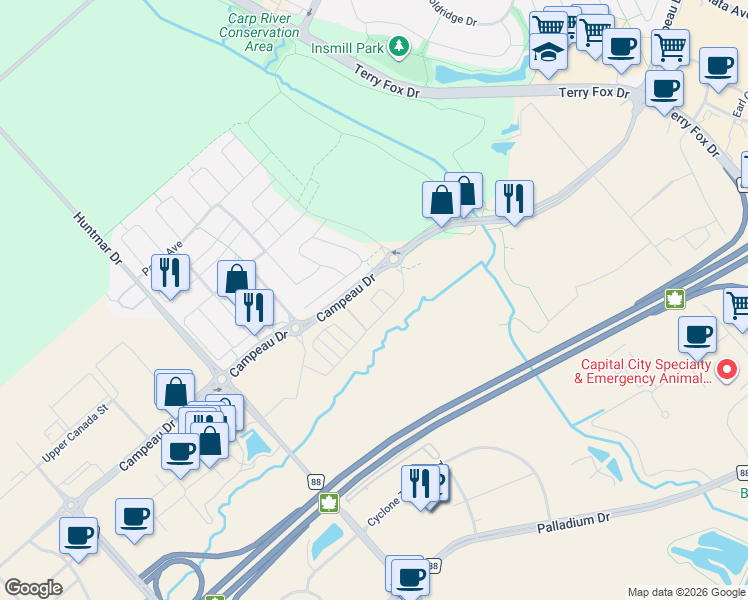 map of restaurants, bars, coffee shops, grocery stores, and more near 1136 Creekway Private in Ottawa