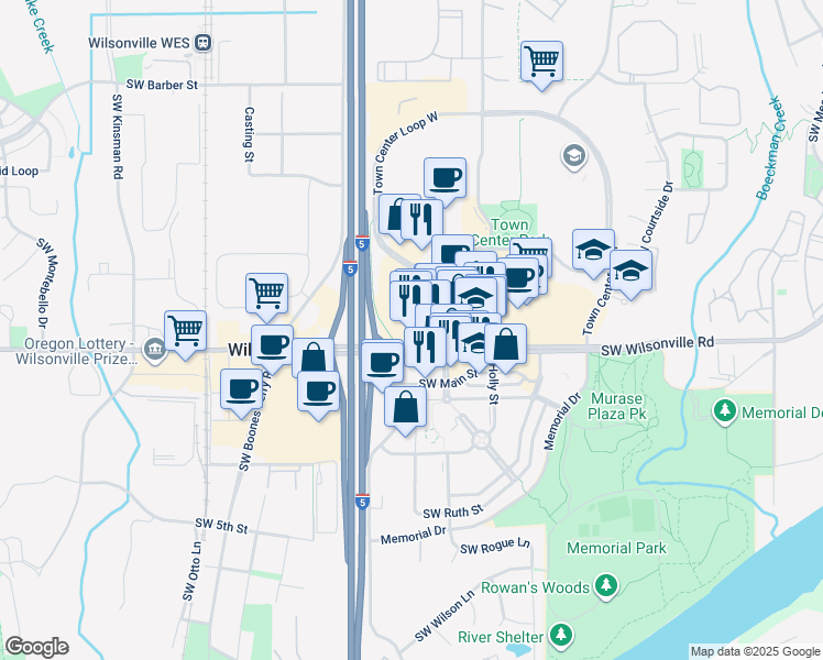 map of restaurants, bars, coffee shops, grocery stores, and more near 8750 Southwest Citizens Drive in Wilsonville