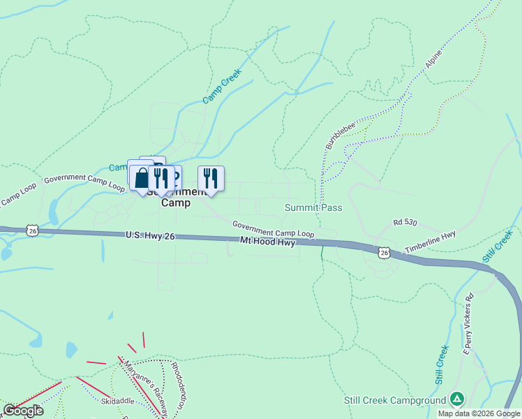map of restaurants, bars, coffee shops, grocery stores, and more near 30690 Montgomery Street in Government Camp