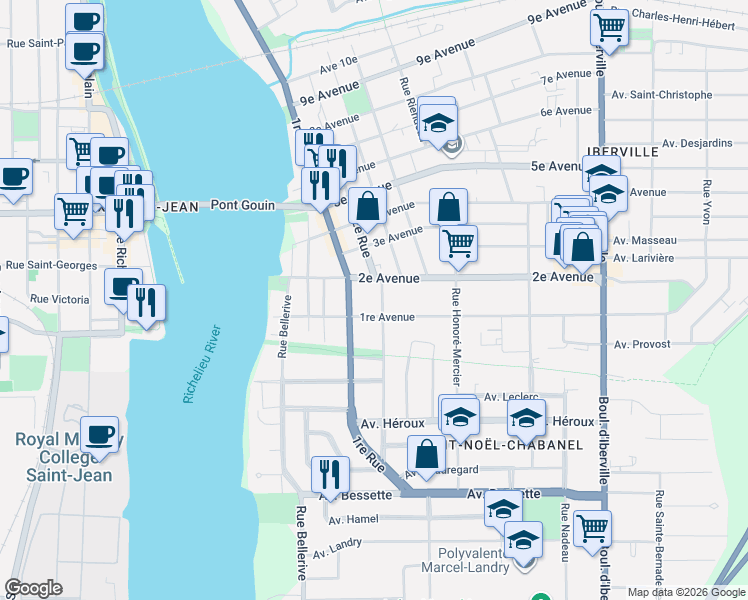 map of restaurants, bars, coffee shops, grocery stores, and more near 823 2e Rue in Saint-Jean-sur-Richelieu