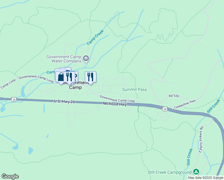 map of restaurants, bars, coffee shops, grocery stores, and more near 30690 Montgomery Street in Government Camp