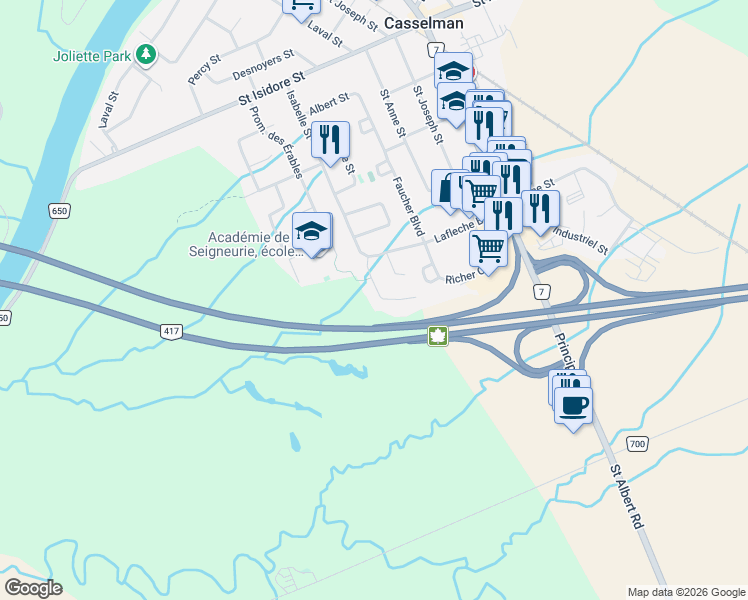 map of restaurants, bars, coffee shops, grocery stores, and more near 12 Sauve Terrasse Street in Casselman