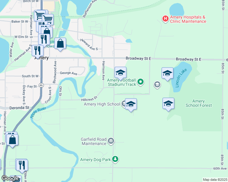 map of restaurants, bars, coffee shops, grocery stores, and more near 501 Minneapolis Avenue South in Amery