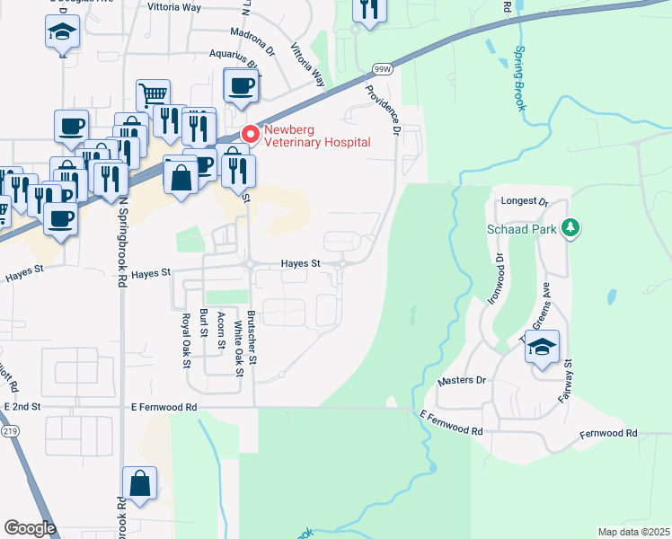 map of restaurants, bars, coffee shops, grocery stores, and more near 441 Werth Boulevard in Newberg