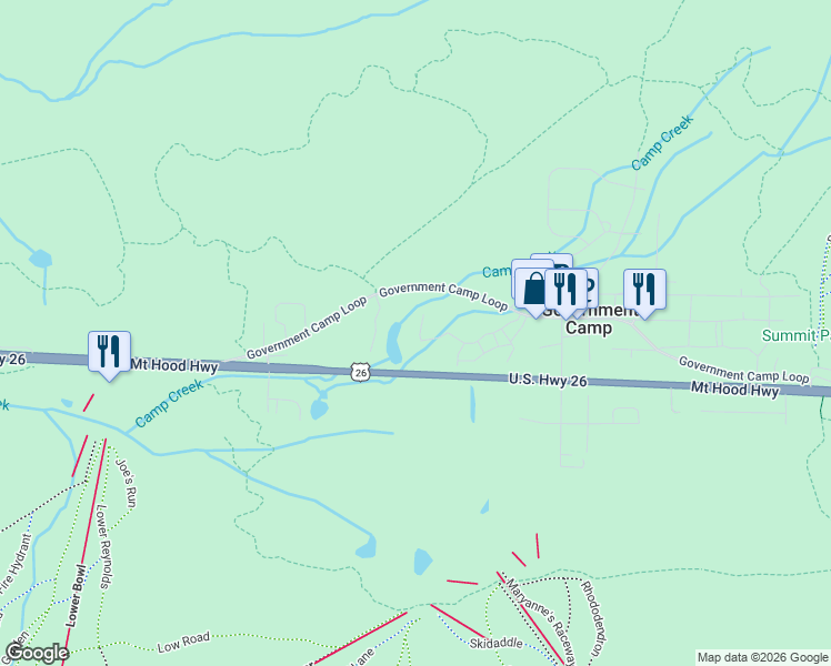 map of restaurants, bars, coffee shops, grocery stores, and more near 87828 East Creek Ridge Road in Government Camp