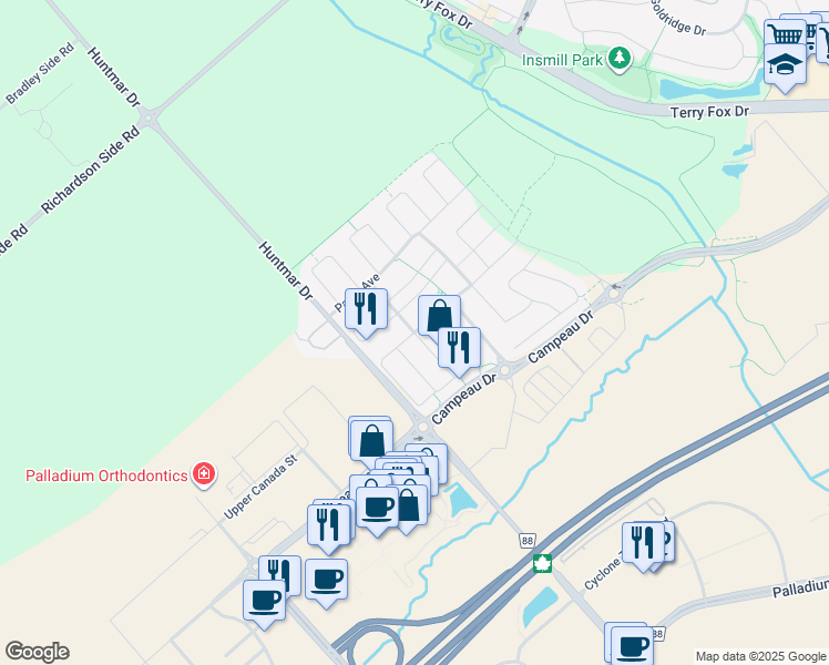 map of restaurants, bars, coffee shops, grocery stores, and more near Brettonwood Ridge in Ottawa