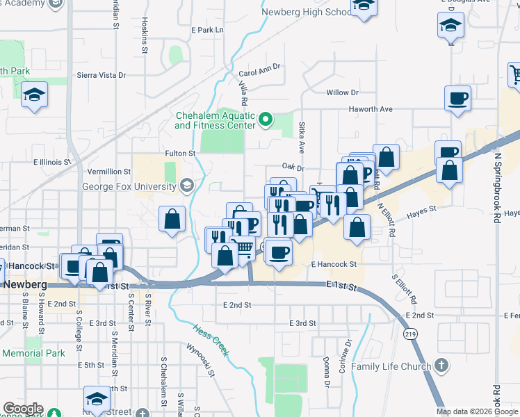 map of restaurants, bars, coffee shops, grocery stores, and more near 1913 Portland Road in Newberg