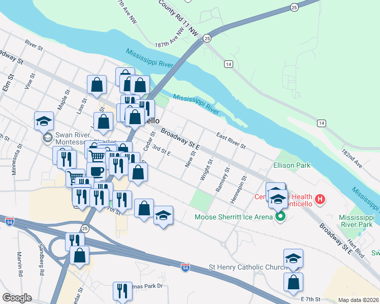 map of restaurants, bars, coffee shops, grocery stores, and more near 336 3rd Street East in Monticello