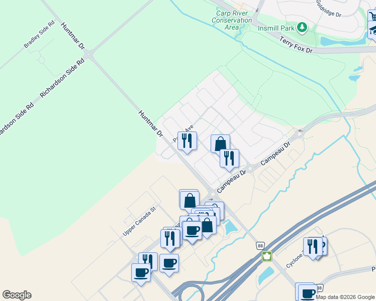 map of restaurants, bars, coffee shops, grocery stores, and more near 66 Fallengale Crescent in Ottawa