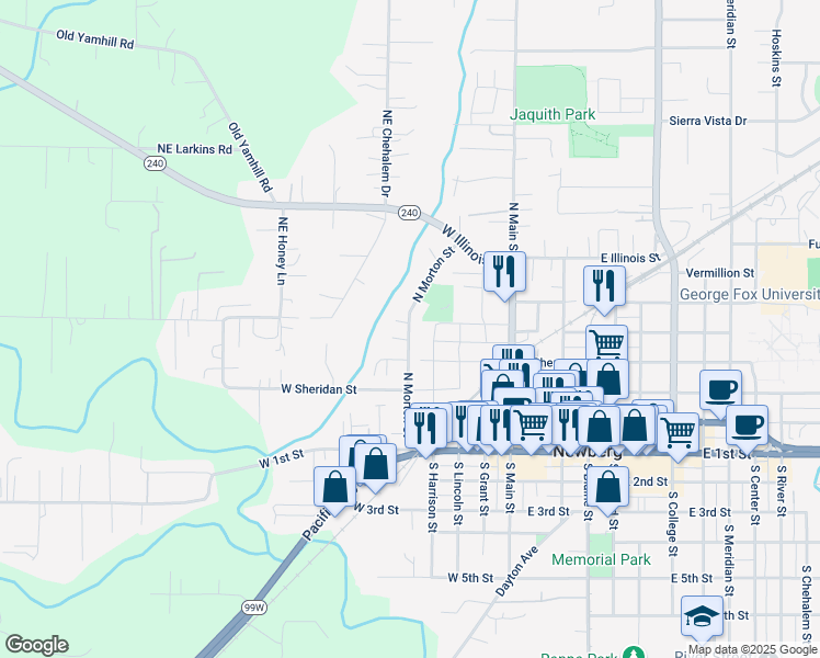 map of restaurants, bars, coffee shops, grocery stores, and more near 401 North Morton Street in Newberg