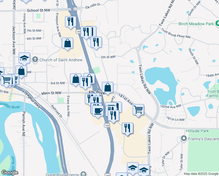 map of restaurants, bars, coffee shops, grocery stores, and more near 18296 Zane Street Northwest in Elk River