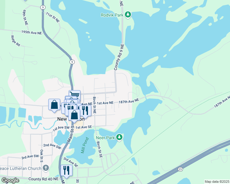 map of restaurants, bars, coffee shops, grocery stores, and more near 217 Dogwood Street Northeast in New London