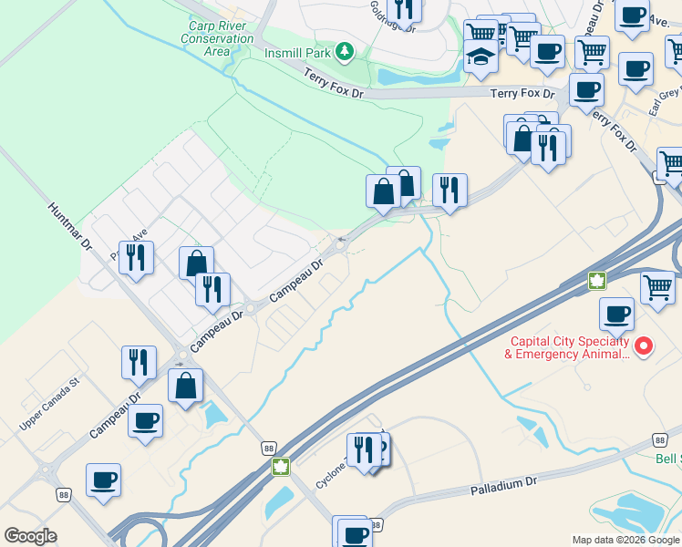map of restaurants, bars, coffee shops, grocery stores, and more near 1503 Creekway Private in Ottawa