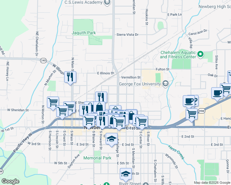 map of restaurants, bars, coffee shops, grocery stores, and more near 503 North College Street in Newberg