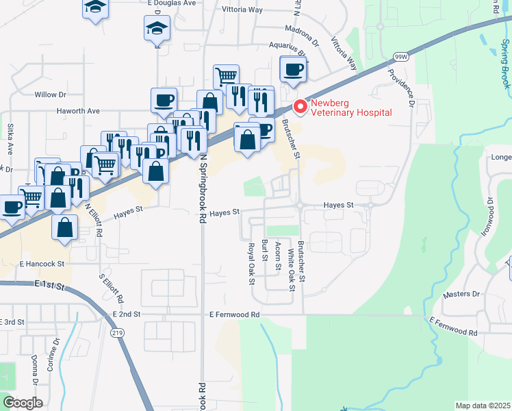 map of restaurants, bars, coffee shops, grocery stores, and more near 3411 Hayes Street in Newberg