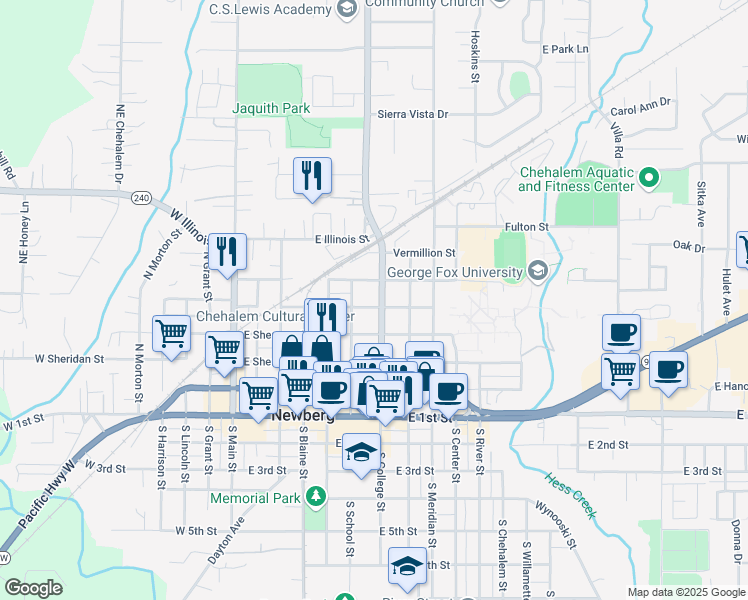 map of restaurants, bars, coffee shops, grocery stores, and more near 601 North College Street in Newberg