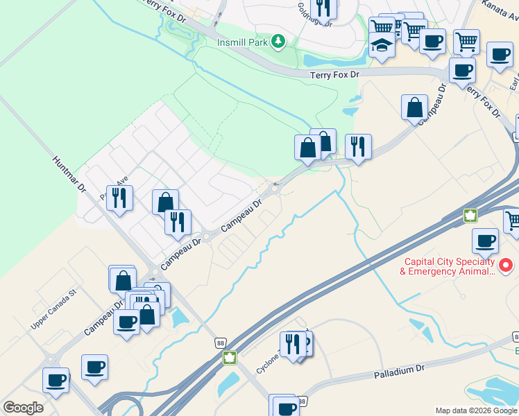 map of restaurants, bars, coffee shops, grocery stores, and more near 1209 Creekway Private in Ottawa