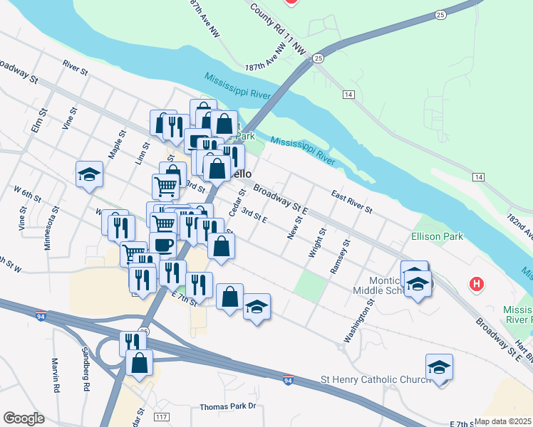 map of restaurants, bars, coffee shops, grocery stores, and more near 301 3rd Street East in Monticello