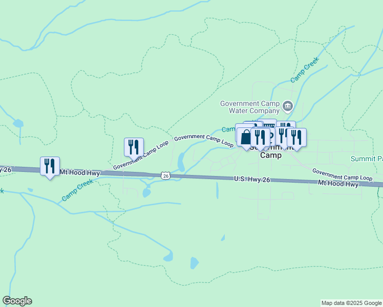 map of restaurants, bars, coffee shops, grocery stores, and more near 87679 East Creek Ridge Road in Government Camp