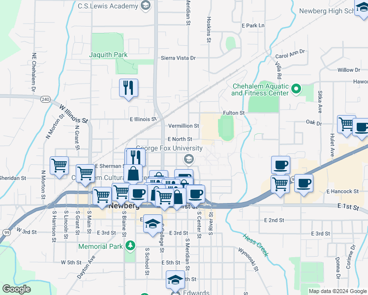 map of restaurants, bars, coffee shops, grocery stores, and more near 801 East North Street in Newberg
