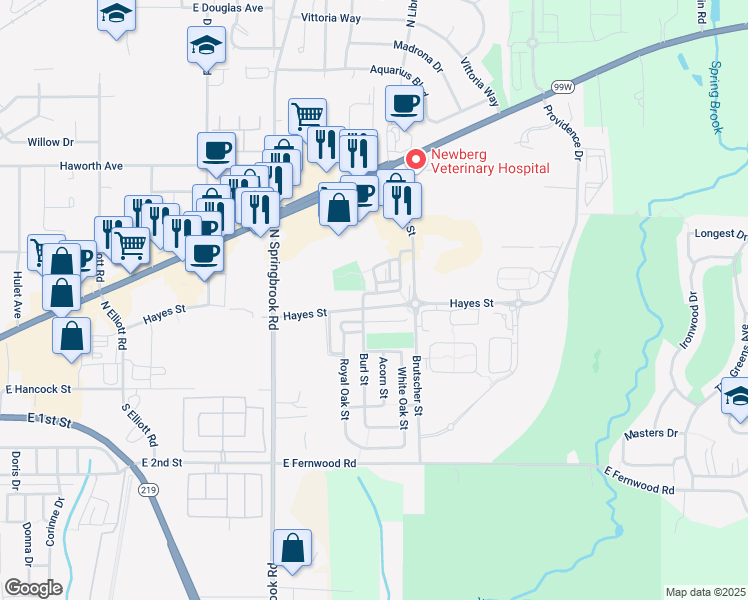 map of restaurants, bars, coffee shops, grocery stores, and more near 627 Oak Hollow Drive in Newberg
