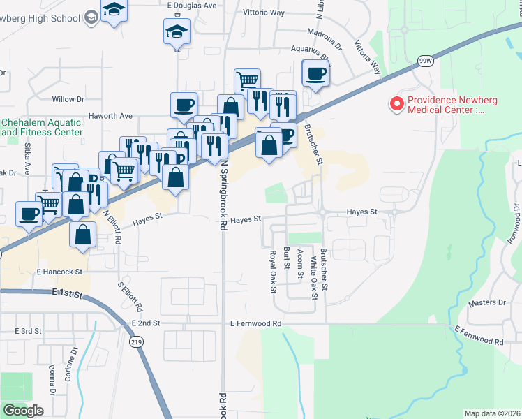 map of restaurants, bars, coffee shops, grocery stores, and more near 3411 Hayes Street in Newberg