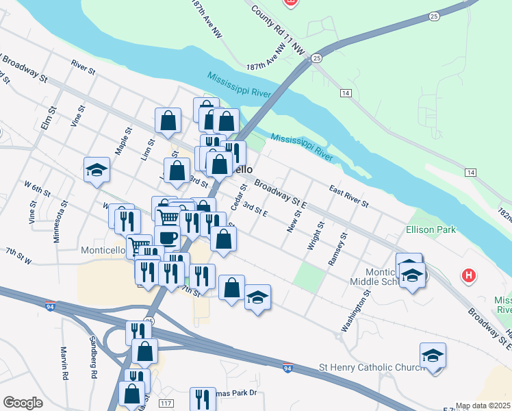 map of restaurants, bars, coffee shops, grocery stores, and more near 225 3rd Street East in Monticello