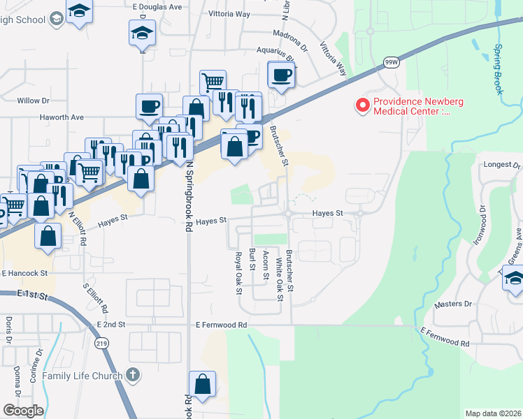 map of restaurants, bars, coffee shops, grocery stores, and more near 3624 Oak Grove Street in Newberg