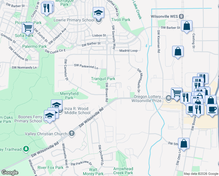 map of restaurants, bars, coffee shops, grocery stores, and more near 10543 Coleman Loop North in Wilsonville