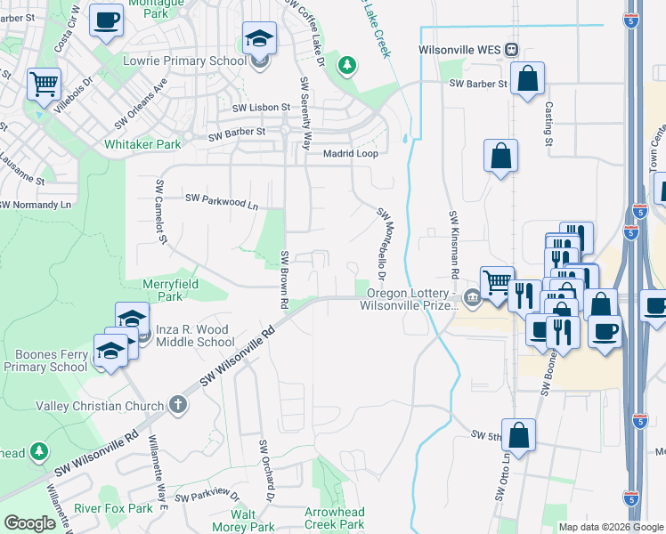 map of restaurants, bars, coffee shops, grocery stores, and more near 10411 Southwest Franklin Lane in Wilsonville